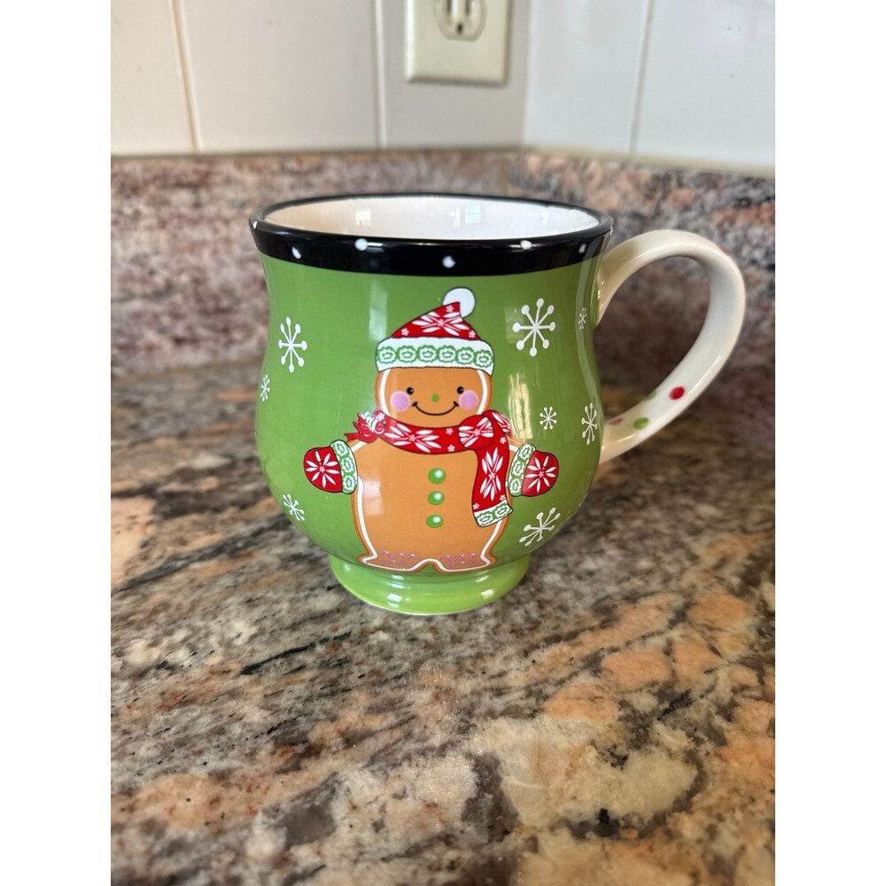 Temp-Tations Winter Whimsy Gingerbread Pot Belly Cocoa Mug Coffee Cup Green